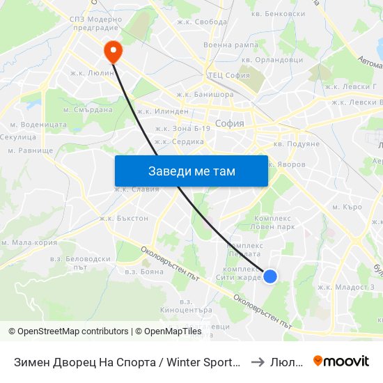 Зимен Дворец На Спорта / Winter Sports Palace (0742) to Люлин 9 map