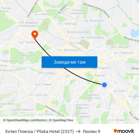 Хотел Плиска / Pliska Hotel (2327) to Люлин 9 map