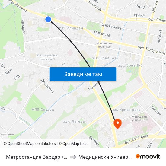 Метростанция Вардар / Vardar Metro Station (2572) to Медицински Университет - София (Ректорат) map