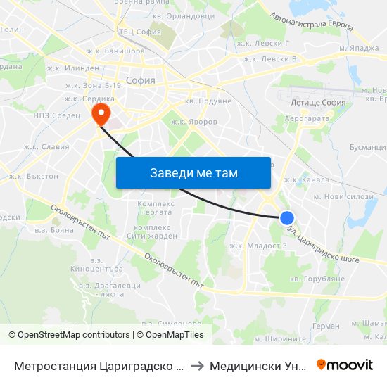 Метростанция Цариградско Шосе / Tsarigradsko Shosse Metro Station (1016) to Медицински Университет - София (Ректорат) map