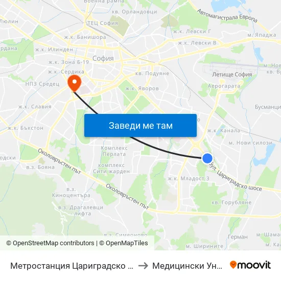 Ⓜ️ Метростанция Цариградско Шосе / Tsarigradsko Shosse Metro Station (1017) to Медицински Университет - София (Ректорат) map