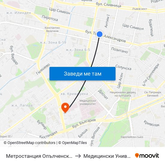 Метростанция Опълченска / Opalchenska Metro Station (1058) to Медицински Университет - София (Ректорат) map