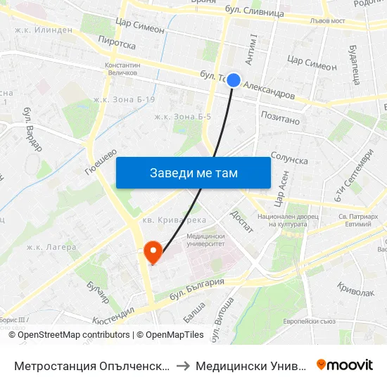 Ⓜ️ Метростанция Опълченска / Opalchenska Metro Station (1058) to Медицински Университет - София (Ректорат) map