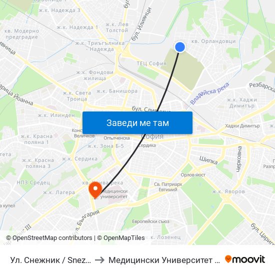 Ул. Снежник / Snezhnik St. (2176) to Медицински Университет - София (Ректорат) map