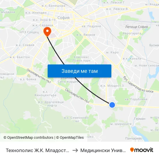 Технополис Ж.К. Младост 4 / Technopolis Mladost 4 Qr. (2495) to Медицински Университет - София (Ректорат) map