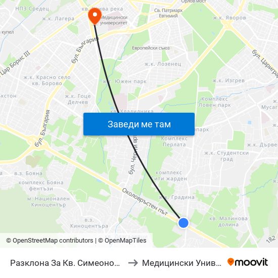 Разклона За Кв. Симеоново / Fork Road To Simeonovo Qr. (1458) to Медицински Университет - София (Ректорат) map