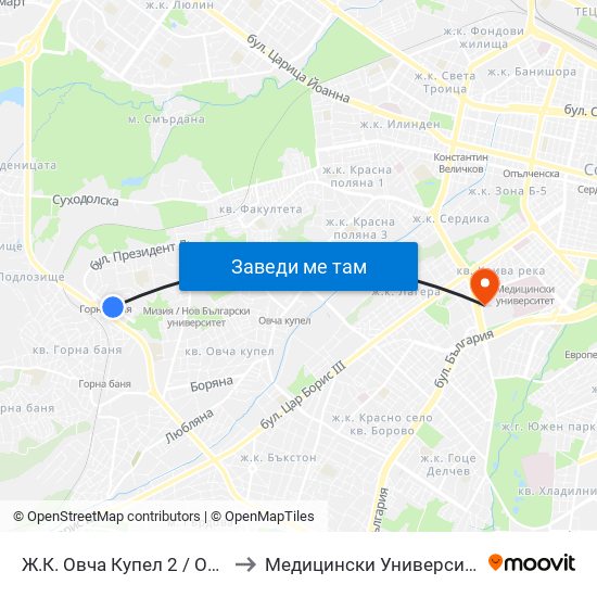 Ж.К. Овча Купел 2 / Ovcha Kupel 2 Qr (0684) to Медицински Университет - София (Ректорат) map