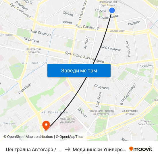 Централна Автогара / Central Bus Station (2665) to Медицински Университет - София (Ректорат) map