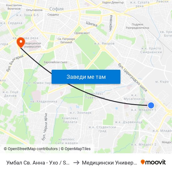 Умбал Св. Анна - Ухо / St. Anna Hospital - Loop (1197) to Медицински Университет - София (Ректорат) map
