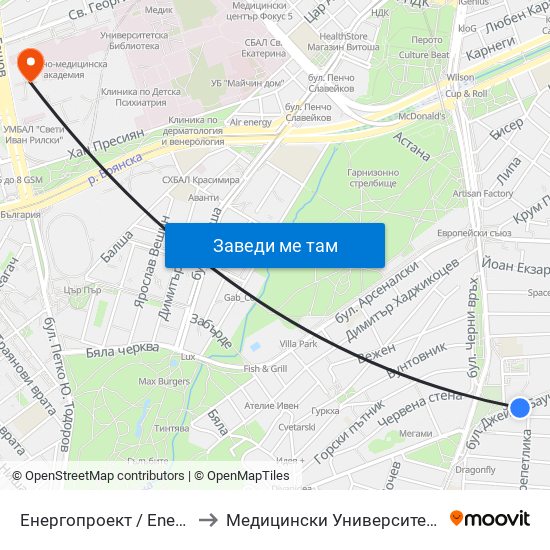 Енергопроект / Energoproekt (0575) to Медицински Университет - София (Ректорат) map