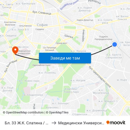 Бл. 33 Ж.К. Слатина / Bl. 33, Slatina Qr. (0105) to Медицински Университет - София (Ректорат) map