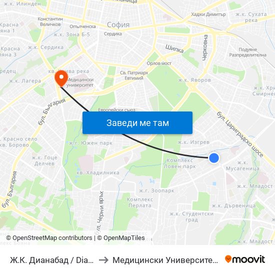 Ж.К. Дианабад / Dianabad Qr. (0630) to Медицински Университет - София (Ректорат) map