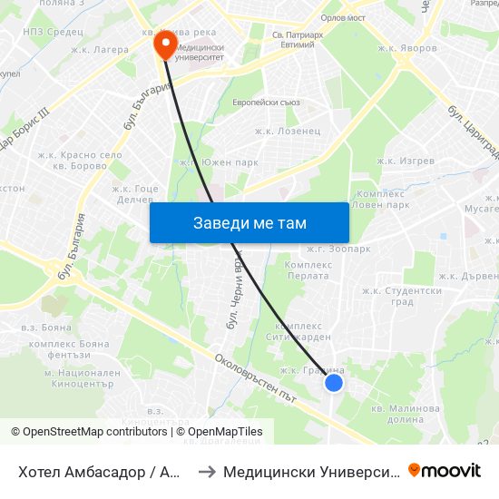 Хотел Амбасадор / Ambassador Hotel (0659) to Медицински Университет - София (Ректорат) map