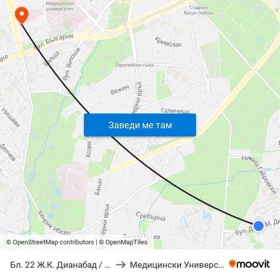 Бл. 22 Ж.К. Дианабад / Bl. 22, Dianabad Qr. (0124) to Медицински Университет - София (Ректорат) map