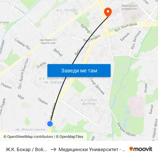 Ж.К. Бокар / Bokar Qr. (2689) to Медицински Университет - София (Ректорат) map