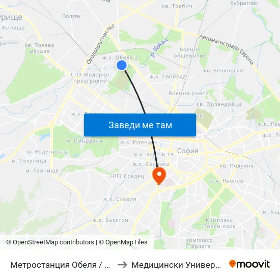 Ⓜ️ Метростанция Обеля / Obelya Metro Station (0060) to Медицински Университет - София (Ректорат) map
