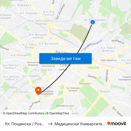 Ул. Пощенска / Poshtenska St. (0046) to Медицински Университет - София (Ректорат) map