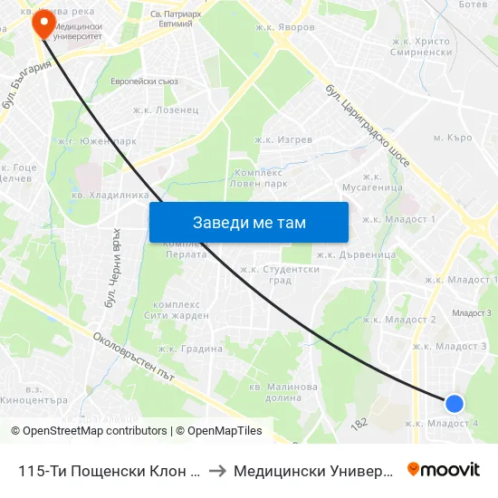 115-Ти Пощенски Клон / 115-Th Post Office (1759) to Медицински Университет - София (Ректорат) map