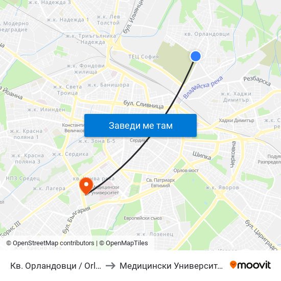 Кв. Орландовци / Orlandovtsi Qr. (0887) to Медицински Университет - София (Ректорат) map