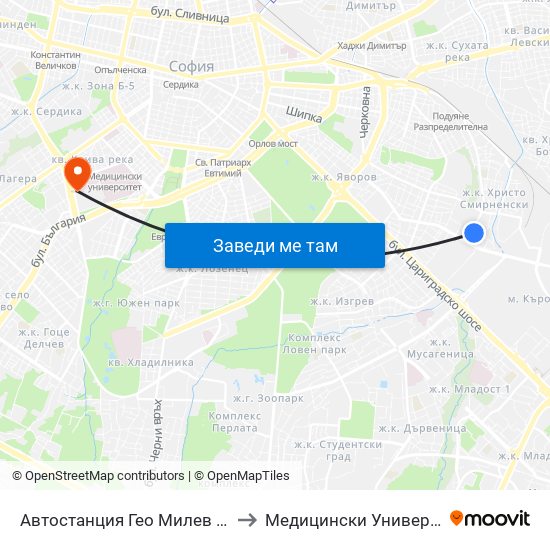 Автостанция Гео Милев / Geo Milev Bus Station (0052) to Медицински Университет - София (Ректорат) map
