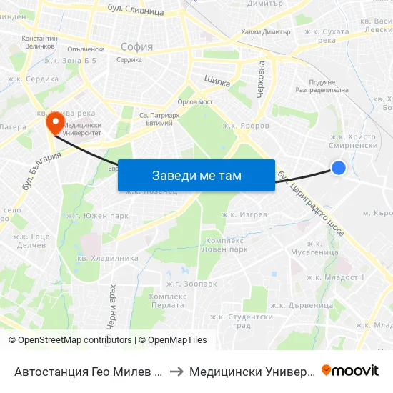 🚌 Автостанция Гео Милев / Geo Milev Bus Station (0053) to Медицински Университет - София (Ректорат) map