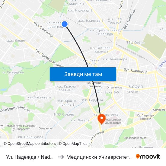 Ул. Надежда / Nadezhda St. (2051) to Медицински Университет - София (Ректорат) map