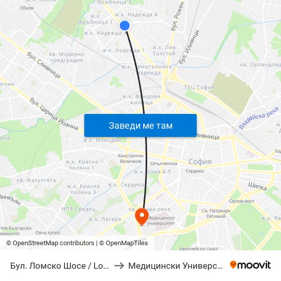 Бул. Ломско Шосе / Lomsko Shose Blvd. (0332) to Медицински Университет - София (Ректорат) map