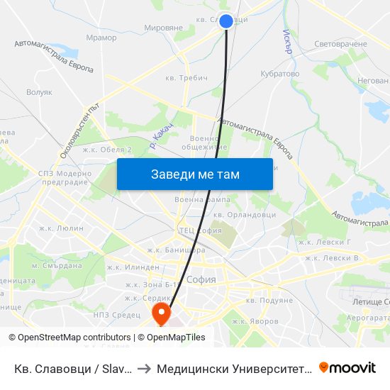 Кв. Славовци / Slavovtsi Qr. (0904) to Медицински Университет - София (Ректорат) map
