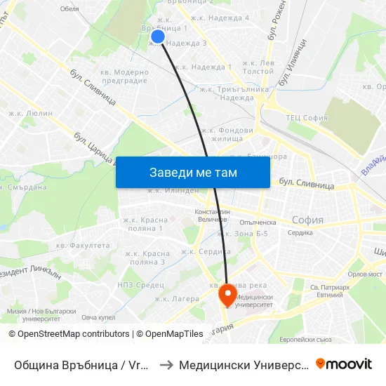 Община Връбница / Vrabnitsa Municipality (0675) to Медицински Университет - София (Ректорат) map