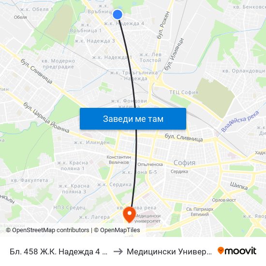 Бл. 458 Ж.К. Надежда 4 / Bl. 458, Nadezhda Qr. (0222) to Медицински Университет - София (Ректорат) map