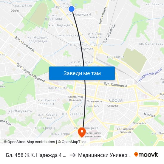 Бл. 458 Ж.К. Надежда 4 / Bl. 458, Nadezhda Qr. (0221) to Медицински Университет - София (Ректорат) map