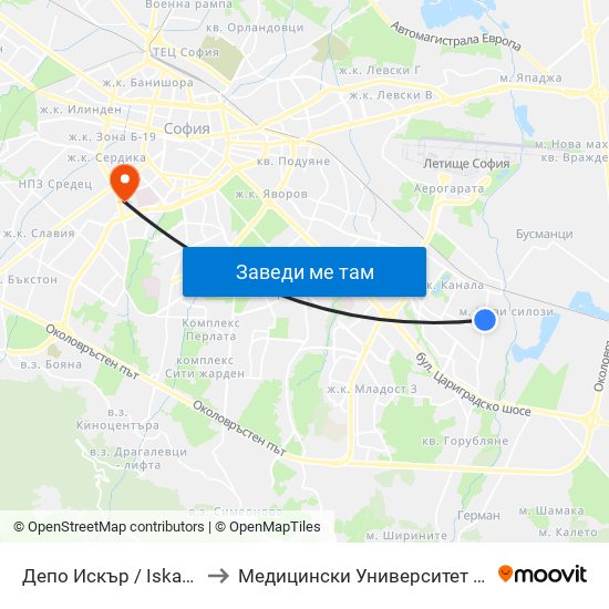 Депо Искър / Iskar Depot (0520) to Медицински Университет - София (Ректорат) map