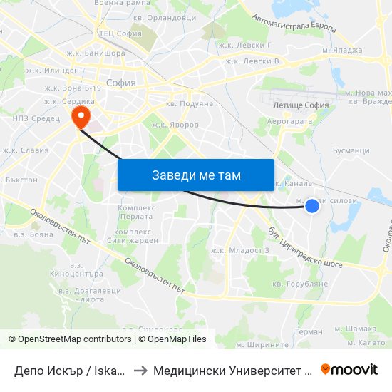 Депо Искър / Iskar Depot (0519) to Медицински Университет - София (Ректорат) map