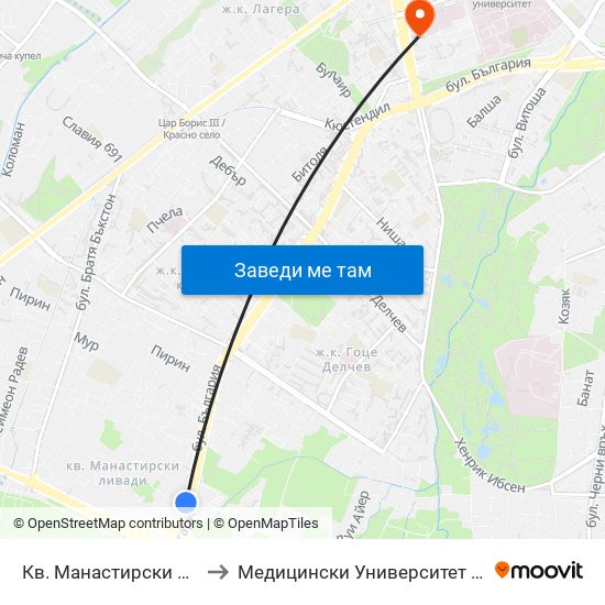 Кв. Манастирски Ливади (0866) to Медицински Университет - София (Ректорат) map
