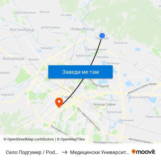 Село Подгумер / Podgumer Village (2188) to Медицински Университет - София (Ректорат) map