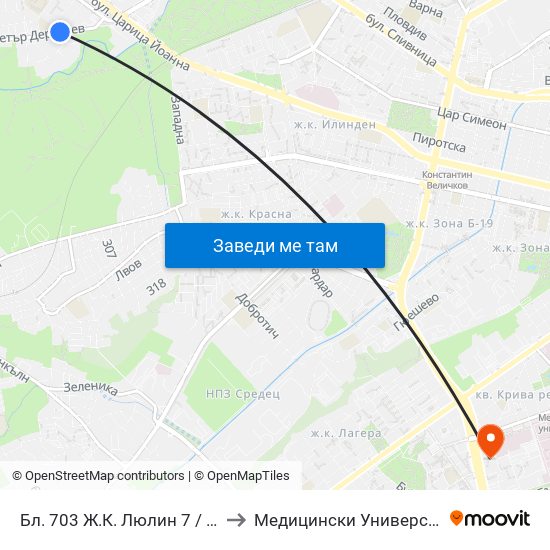 Бл. 703 Ж.К. Люлин 7 / Bl. 703, Lyulin 7 Qr. (1107) to Медицински Университет - София (Ректорат) map