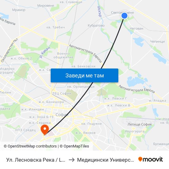 Ул. Лесновска Река / Lesnovska Reka St. (2545) to Медицински Университет - София (Ректорат) map