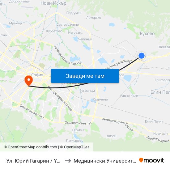 Ул. Юрий Гагарин / Yuri Gagarin St. (2262) to Медицински Университет - София (Ректорат) map