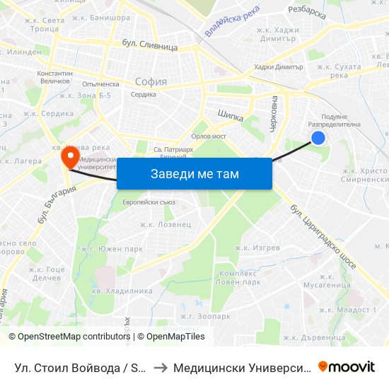 Ул. Стоил Войвода / Stoil Voyvoda St. (2189) to Медицински Университет - София (Ректорат) map