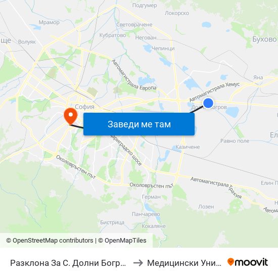 Разклона За С. Долни Богров / Fork Road To Dolni Bogrov Village (2512) to Медицински Университет - София (Ректорат) map
