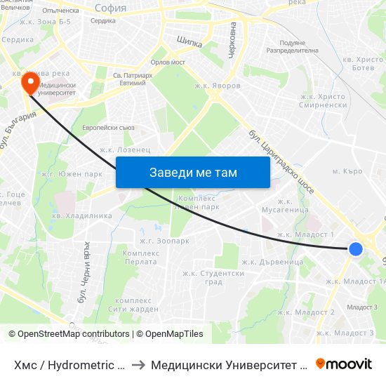 Хмс / Hydrometric Station (2319) to Медицински Университет - София (Ректорат) map