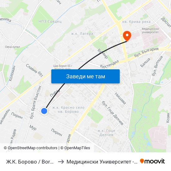 Ж.К. Борово / Borovo Sq. (0580) to Медицински Университет - София (Ректорат) map