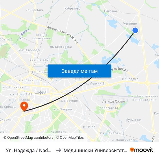 Ул. Надежда / Nadezhda St. (1222) to Медицински Университет - София (Ректорат) map