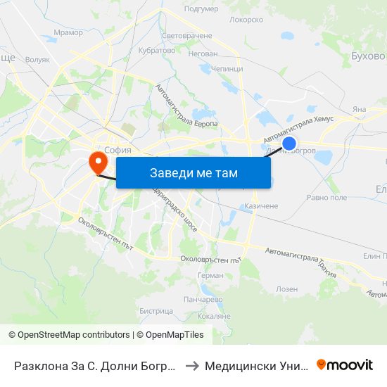 Разклона За С. Долни Богров / Fork Road To Dolni Bogrov Village (1213) to Медицински Университет - София (Ректорат) map