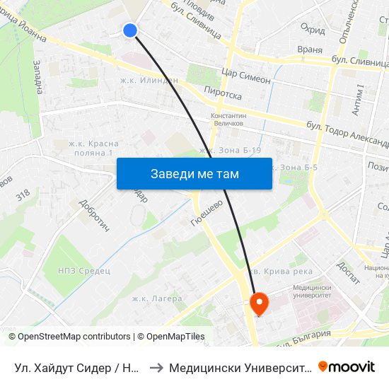 Ул. Хайдут Сидер / Haydut Sider St. (2229) to Медицински Университет - София (Ректорат) map