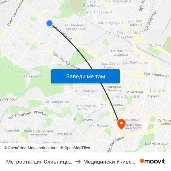 Метростанция Сливница / Slivnitsa Metro Station (1060) to Медицински Университет - София (Ректорат) map