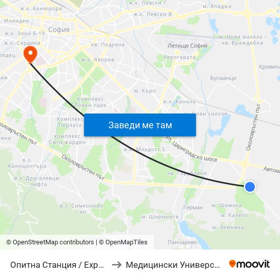 Опитна Станция / Experimental Station (1202) to Медицински Университет - София (Ректорат) map