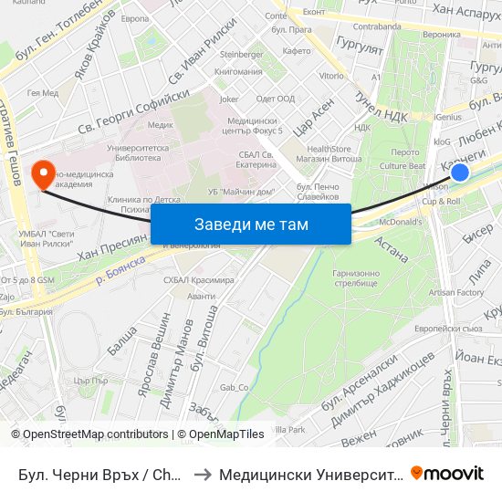 Бул. Черни Връх / Cherni Vrah Blvd. (0401) to Медицински Университет - София (Ректорат) map