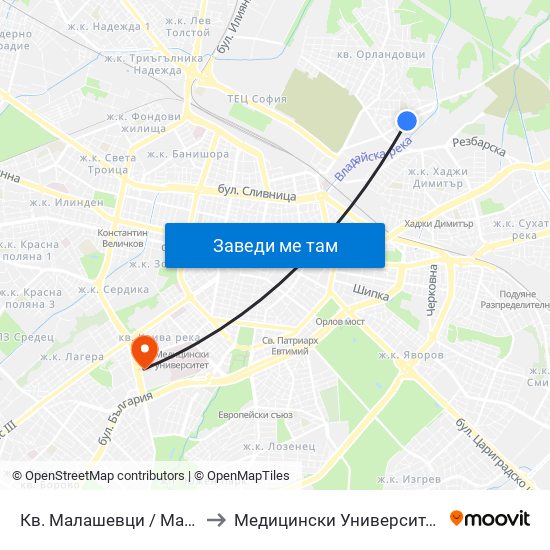 Кв. Малашевци / Malashevtsi Qr. (0862) to Медицински Университет - София (Ректорат) map