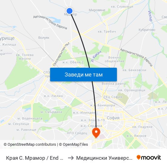 Края С. Мрамор / End Of Mramor Village (0439) to Медицински Университет - София (Ректорат) map